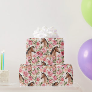 Pferde Hübsch Rosa Rosen Blumengeburt Geschenkpapier