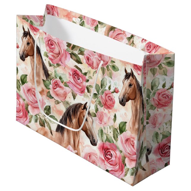 Pferde Hübsch Rosa Rosen Blumengeburt Große Geschenktüte (Vorderseite Schrägansicht)