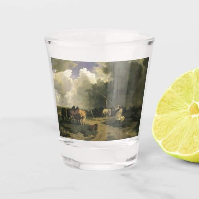 Pferde in einem Regensturm (Pferde) Schnapsglas (Vorderseite)