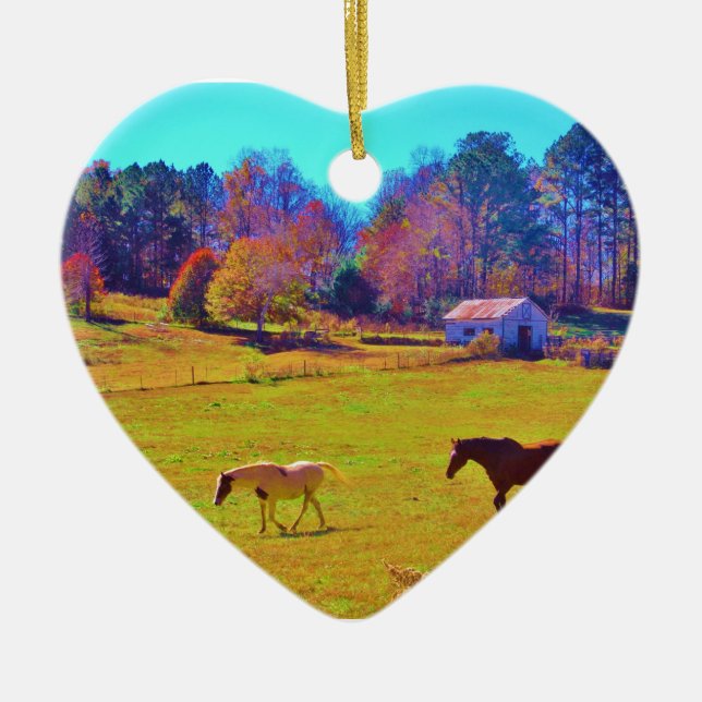 Pferde in einem roten Rainbow-Feld Keramikornament (Vorne)