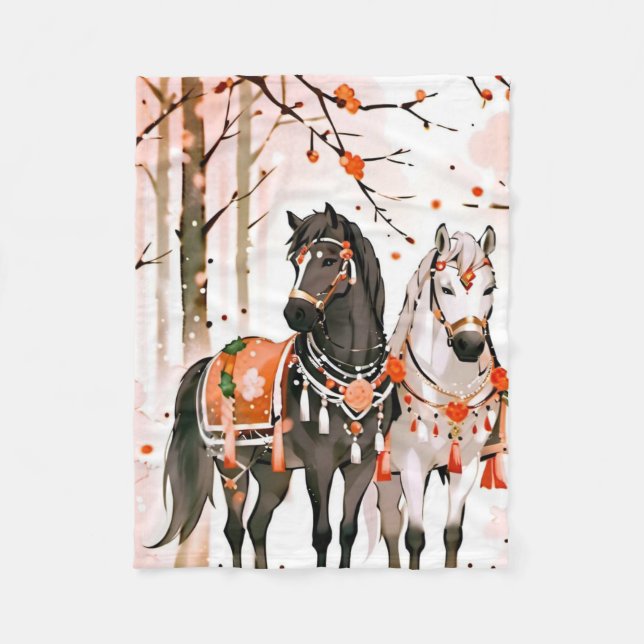 Pferde in einem Roten Wald Fleecedecke (Vorderseite)