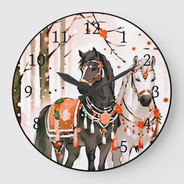 Pferde in einem Roten Wald Große Wanduhr (Vorderseite)