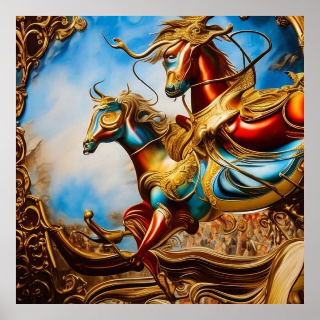 Pferde Karussell farbenfroh abstrakt surreal Poster (Vorne)
