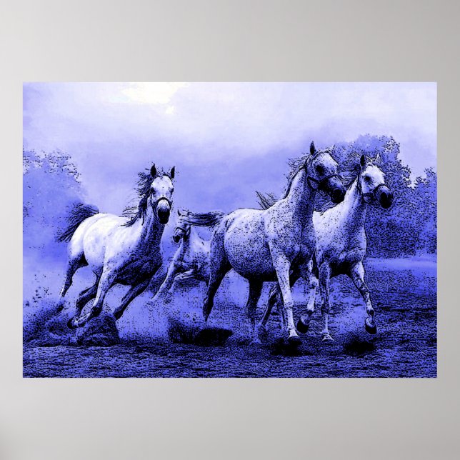 Pferde laufen in Blue Night Artwork Poster (Vorne)