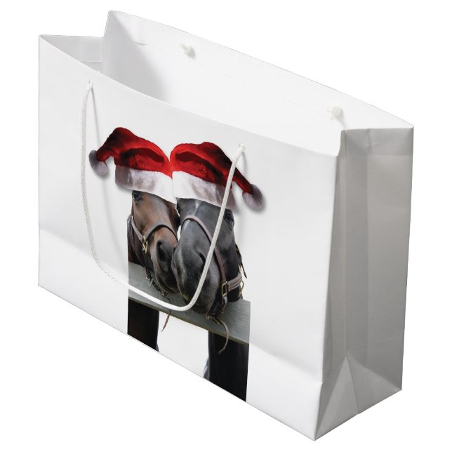 Pferde mit dem Weihnachtsmann Hats Große Geschenktüte (Vorderseite Schrägansicht)
