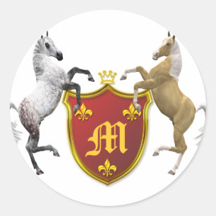 Pferde mit einem heraldischen Schild, mit Monogram Runder Aufkleber