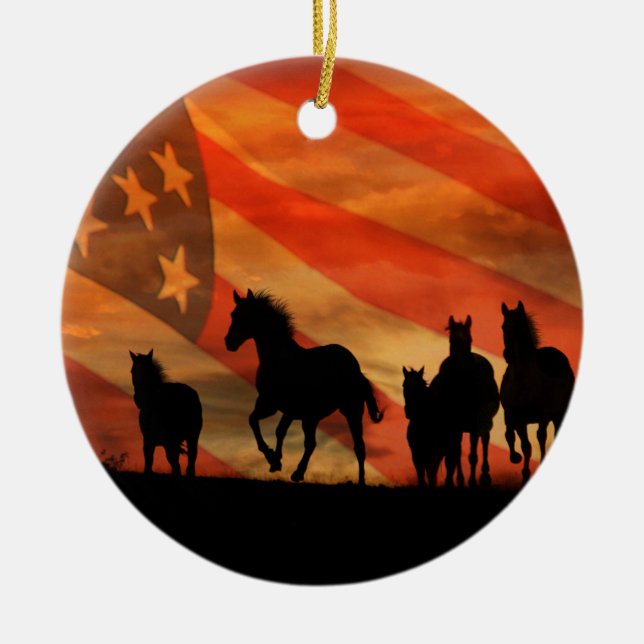Pferde und amerikanische Flagge Keramik Ornament (Vorne)