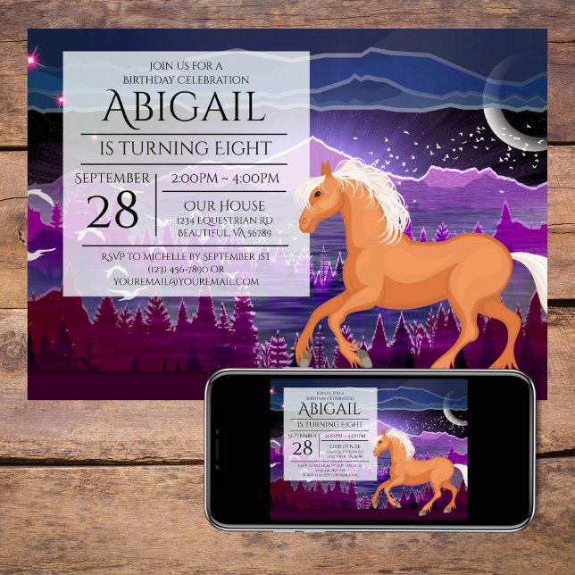 Pferde und Berge Lila und Blauer Geburtstag Einladung (Horse and Mountains Purple and Blue Birthday Invitation)