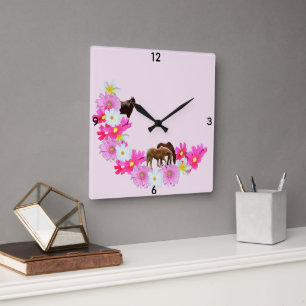 Pferde und Gerbera-Blumen-Gewinde,  Quadratische Wanduhr