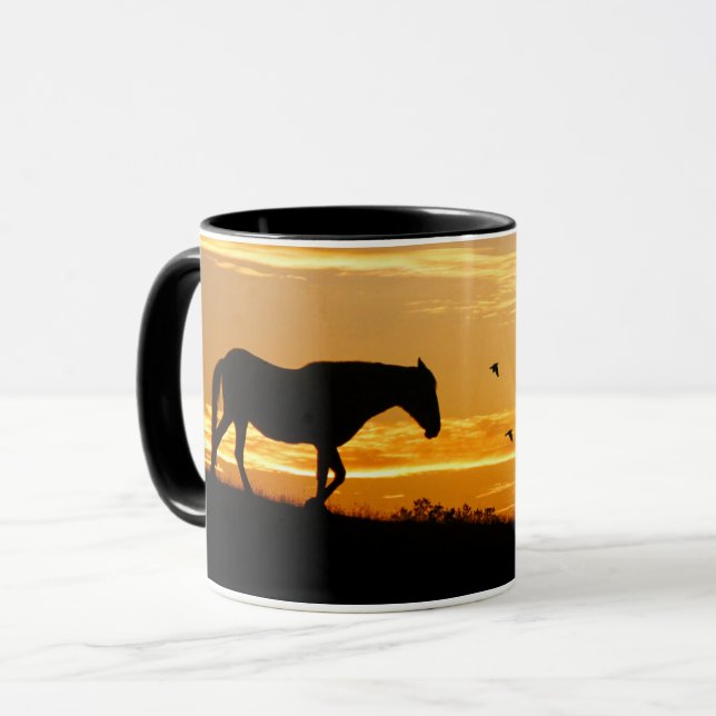 Pferde und Vögel im Sonnenaufgang Silhouette Tasse (Vorderseite Links)
