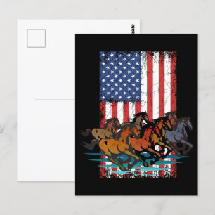 PFERDE VINTAGE AMERIKANISCHE FLAGGE DISTRESSED POSTKARTE
