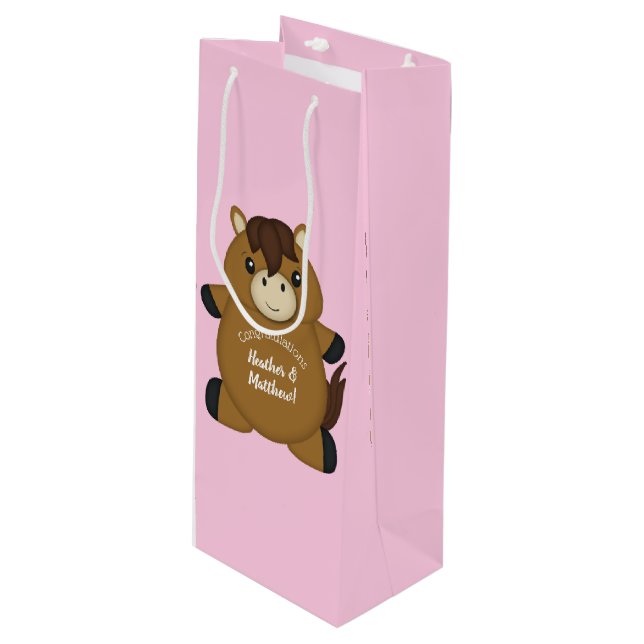 PferdeBaby Dusche Pink Girl Geschenktüte Für Weinflaschen (Vorderseite Schrägansicht)