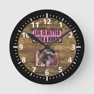 Pferdefreund 1 Foto schwarz rosa rustikal Runde Wanduhr