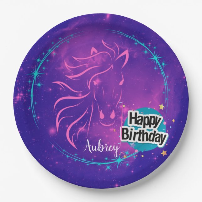 Pferdegalaxie Happy Geburtstag Personalisiert Pappteller (Vorderseite)