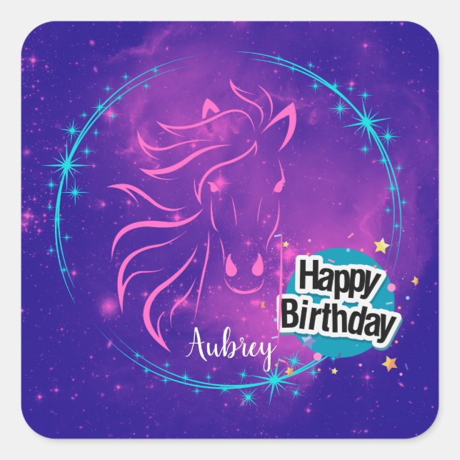 Pferdegalaxie Happy Geburtstag Personalisiert Quadratischer Aufkleber (Vorderseite)