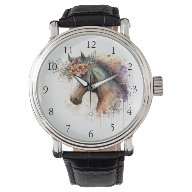 Pferdegesicht mit Blume Kranz Armbanduhr (Vorderseite)