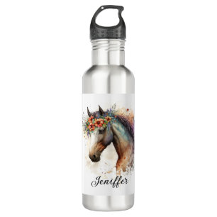 Pferdegesicht mit Blume Kranz Edelstahlflasche