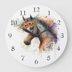 Pferdegesicht mit Blume Kranz Große Wanduhr