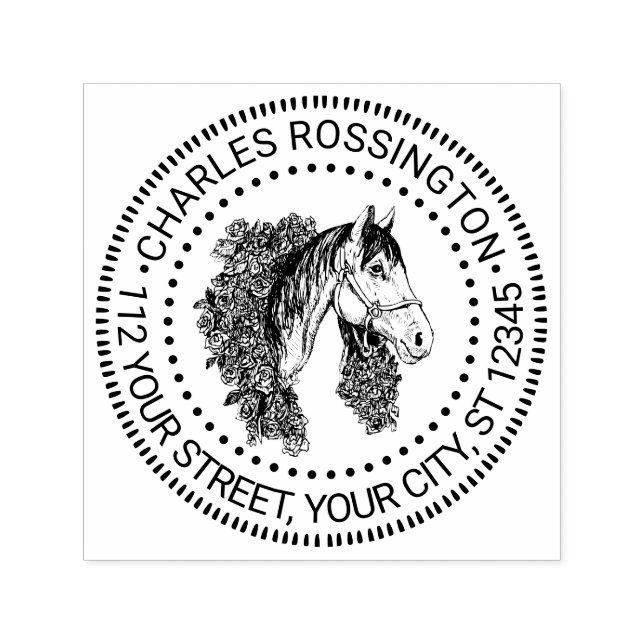 Pferdekopf mit Rose Kranz Zeichnend Name-Adresse Permastempel (Design)