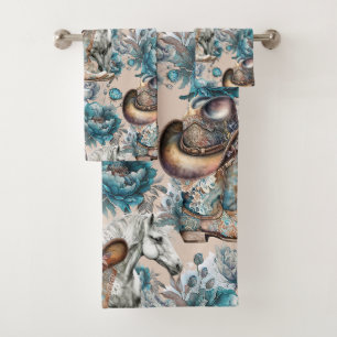 Pferdemädchen türkisfarbenes Muster Badhandtuch Set