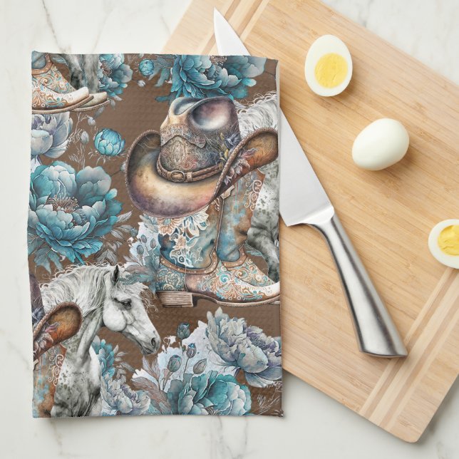 Pferdemädchen türkisfarbenes Muster Geschirrtuch (Viertel Falte)