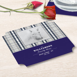 Pferdeporträt Navy Blau Kariert Personalisierter N Untersetzer