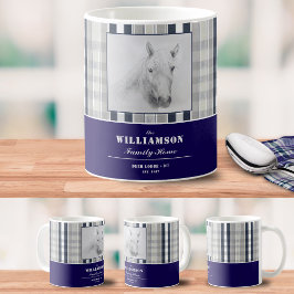 Pferdeporträt Navy Blau Karo personalisierter Name Kaffeetasse