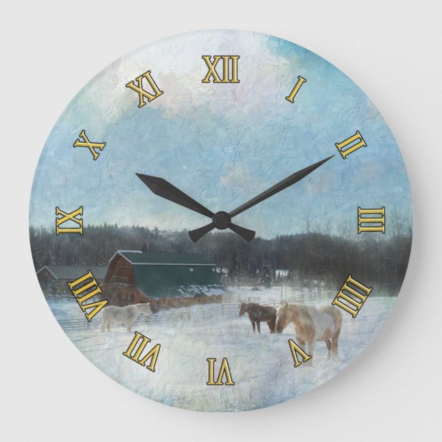 Pferderasse, Scheunen und Schneebemalung Große Wanduhr (Vorderseite)