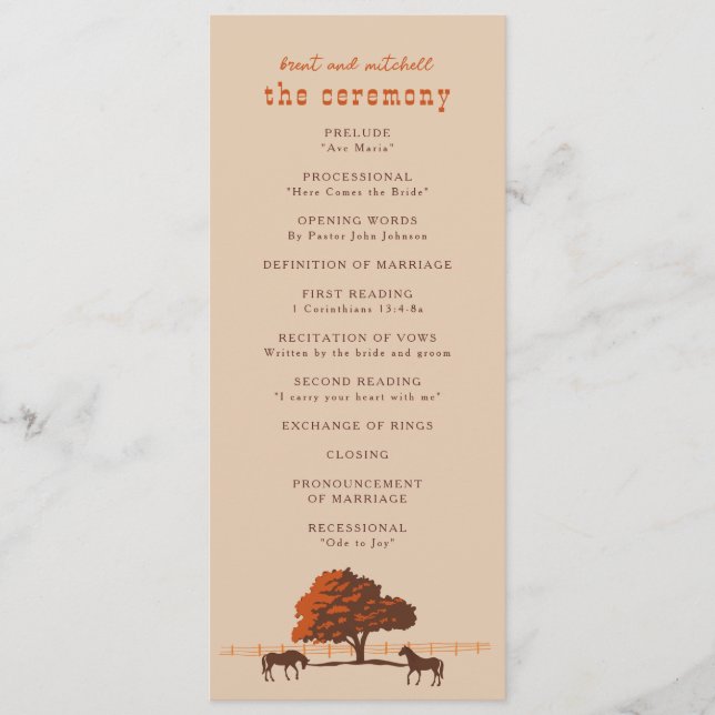 Pferderennbahn-Zaun Eichenpferde Hochzeit Programm (Vorderseite)