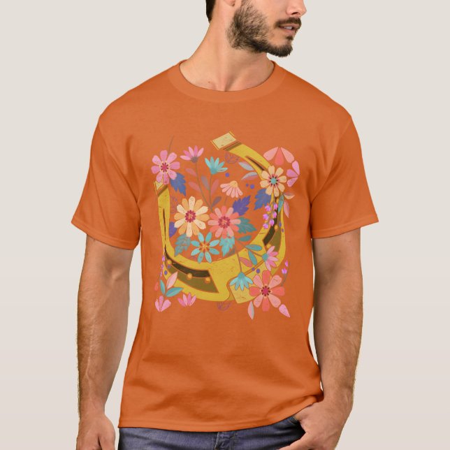 Pferderenngeschenk hübsche Blume mit Hufeisen T-Shirt (Vorderseite)