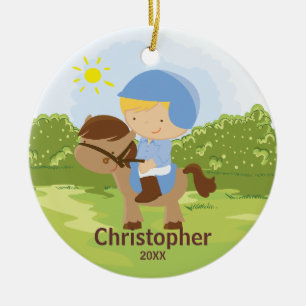 Pferderuecken-Reiter-Jungen-Weihnachtsverzierung Keramikornament