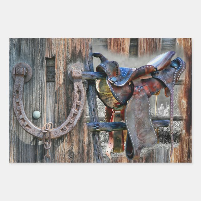 Pferdesadler Horseshoe Rustikaler Western Geschenkpapier Set (Vorderseite)
