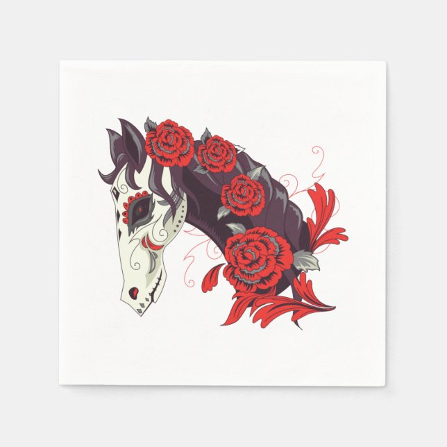 Pferdeschädel mit Rote Rosen Dias de los Muertos Serviette (Vorderseite)
