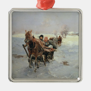 Pferdeschlitten in einer Winter-Landschaft Silbernes Ornament