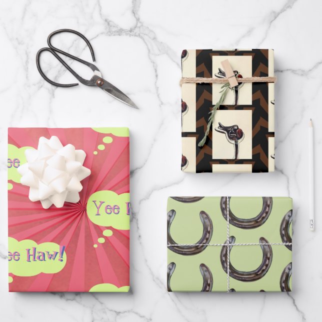 Pferdeschuhe Sattel, ja! Geschenkpapier Set (Vorderseite)