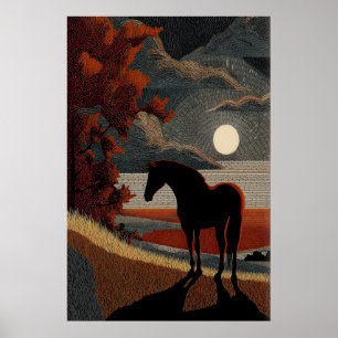Pferdesilhouette-Kunstposter - Einfacher Mondlicht Poster