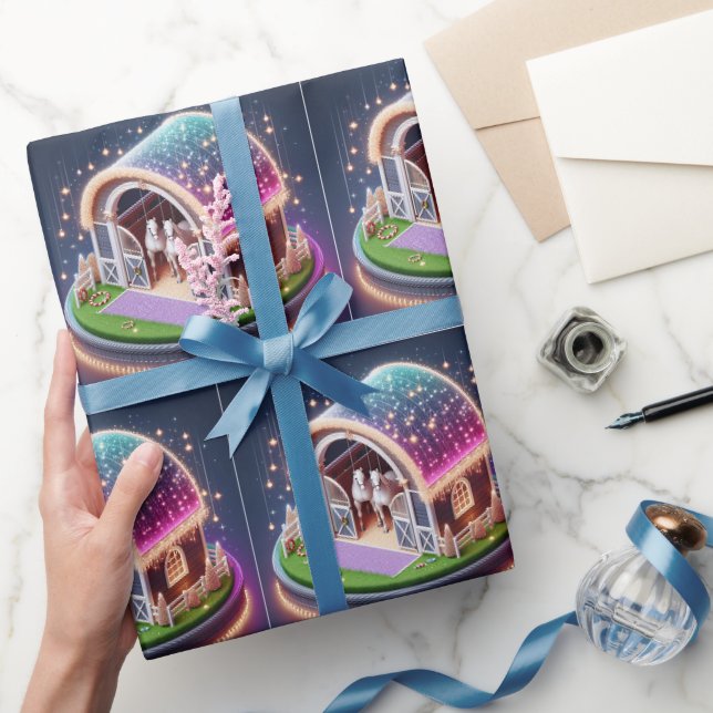 Pferdestall zu Weihnachten dekoriert und Pferde Geschenkpapier (Schenken)