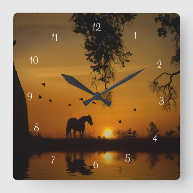Pferdeteich Sunset and Birds Country Quadratische Wanduhr (Vorderseite)