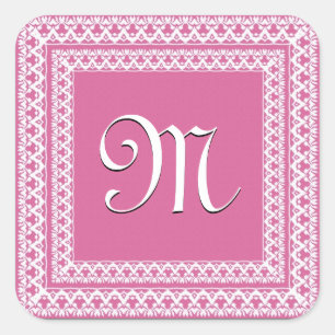 Pfingstrose Rosa und Weiß Verzierte Monogramm Quadratischer Aufkleber