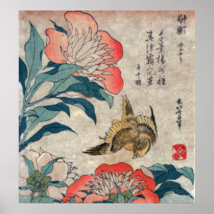 Pfingstrose und Kanarienvogel, Hokusai Poster