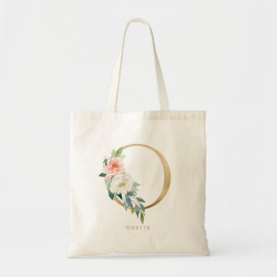 Pfingstrosen-Blumen-Letter-O-Gold-Monogramm-Brautj Tragetasche