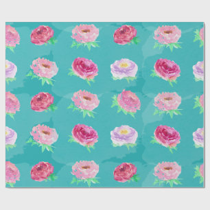 Pfingstrosen Blumenmuster Rosa Wasserfarbe Türkis  Geschenkpapier