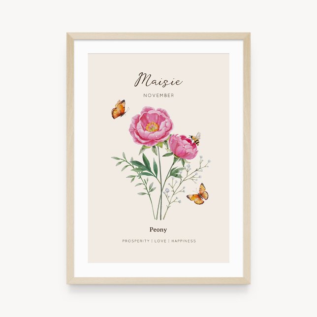 Pfingstrosen-Geburtsmonats-Blumenposter Poster (Example of peony birth flower poster once framed. )