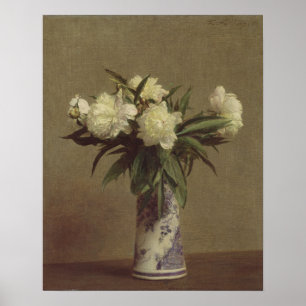 Pfingstrosen in einem blauen und weißen Vase Poster