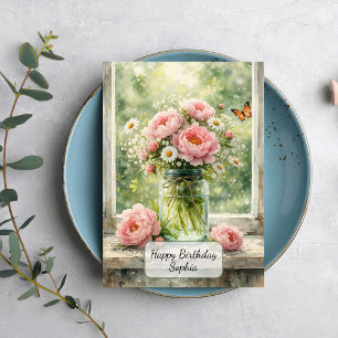 Pfingstrosen in einer antiken Glasvase Karte