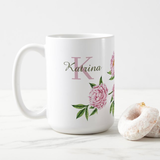 Pfingstrosen-Monogramm-Tasse Kaffeetasse (Mit Donut)