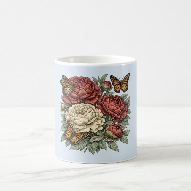 Pfingstrosen & Schmetterlinge – Eleganter Mutterta Kaffeetasse (Mittel)