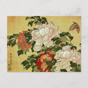 Pfingstrosen & Schmetterlinge Hokusai japanische K Postkarte