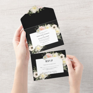 Pfingstrosen und Anemonen blühende Hochzeitseinlad All In One Einladung