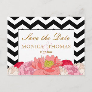 Pfingstrosen und Chevron Save The Date Postkarte